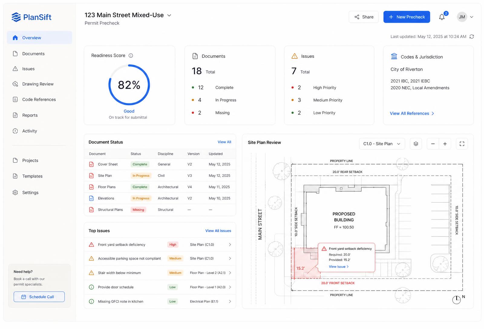 PlanSift workspace with readiness score, AI issue detection and document checklist.