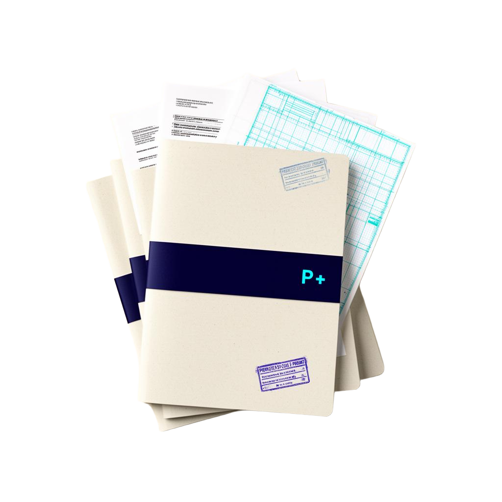 Stack of permit dossier folders with a navy band and cyan stamp.