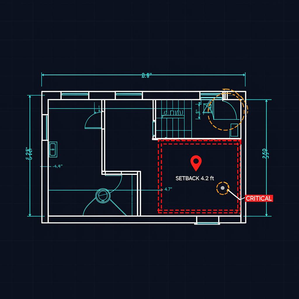 Floor plan blueprint annotated by PlanSift with a red dashed setback conflict box and amber circle for a missing dimension.