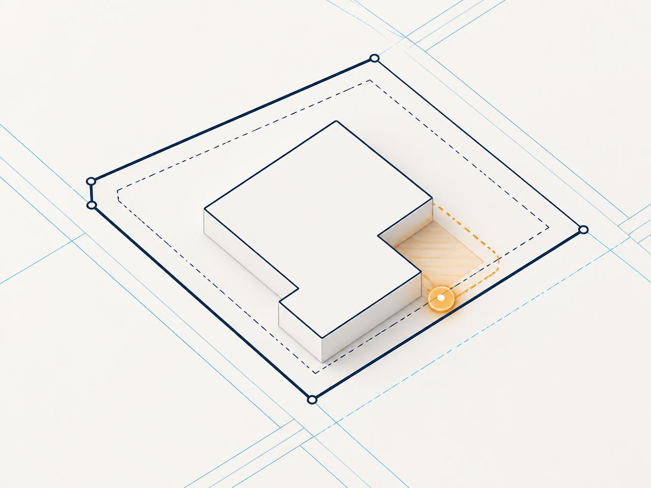Parcel outline with a dashed setback line and an amber conflict marker on the building footprint.